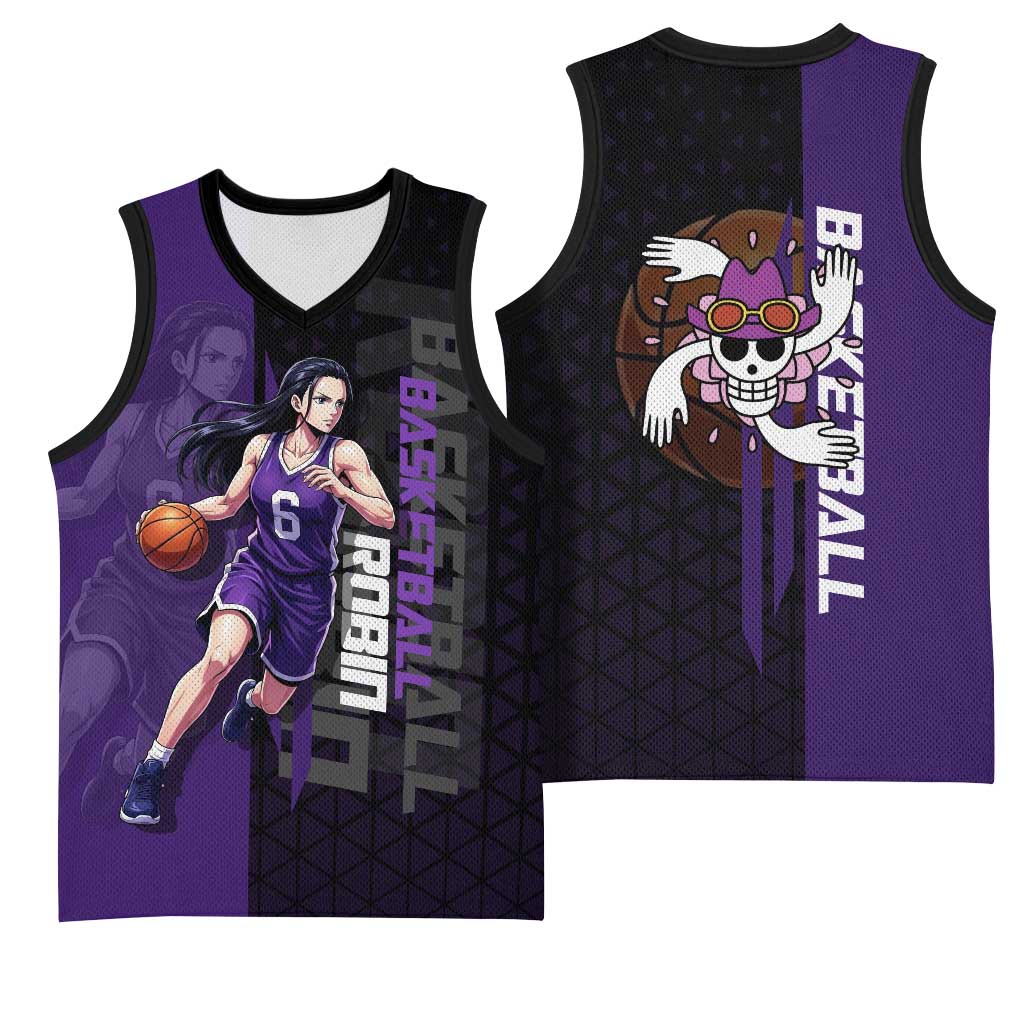 Nico Robin One Piece Basketball Theme Purple and Black Design Basketball Jersey with Action Pose and Crew Emblem - The Mazicc