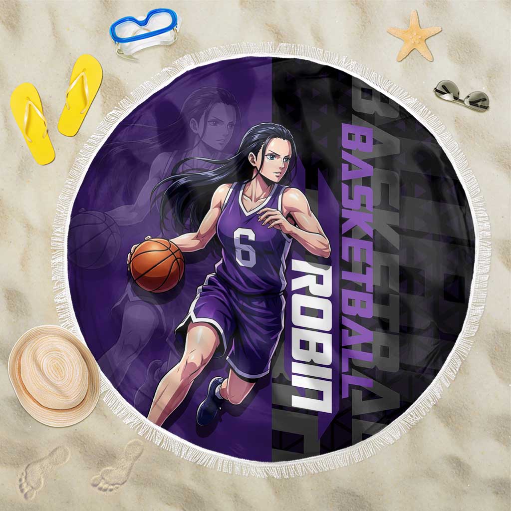Nico Robin One Piece Basketball Theme Purple and Black Design Beach Blanket with Action Pose and Crew Emblem - The Mazicc