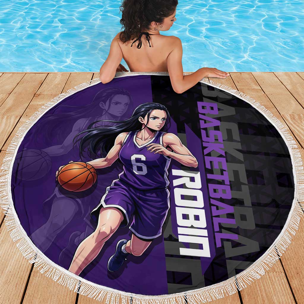 Nico Robin One Piece Basketball Theme Purple and Black Design Beach Blanket with Action Pose and Crew Emblem - The Mazicc