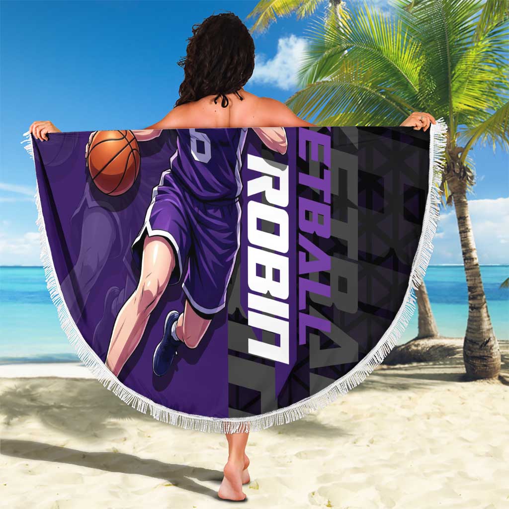 Nico Robin One Piece Basketball Theme Purple and Black Design Beach Blanket with Action Pose and Crew Emblem - The Mazicc