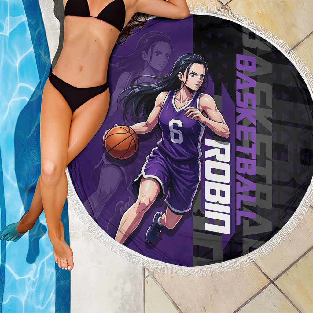 Nico Robin One Piece Basketball Theme Purple and Black Design Beach Blanket with Action Pose and Crew Emblem - The Mazicc