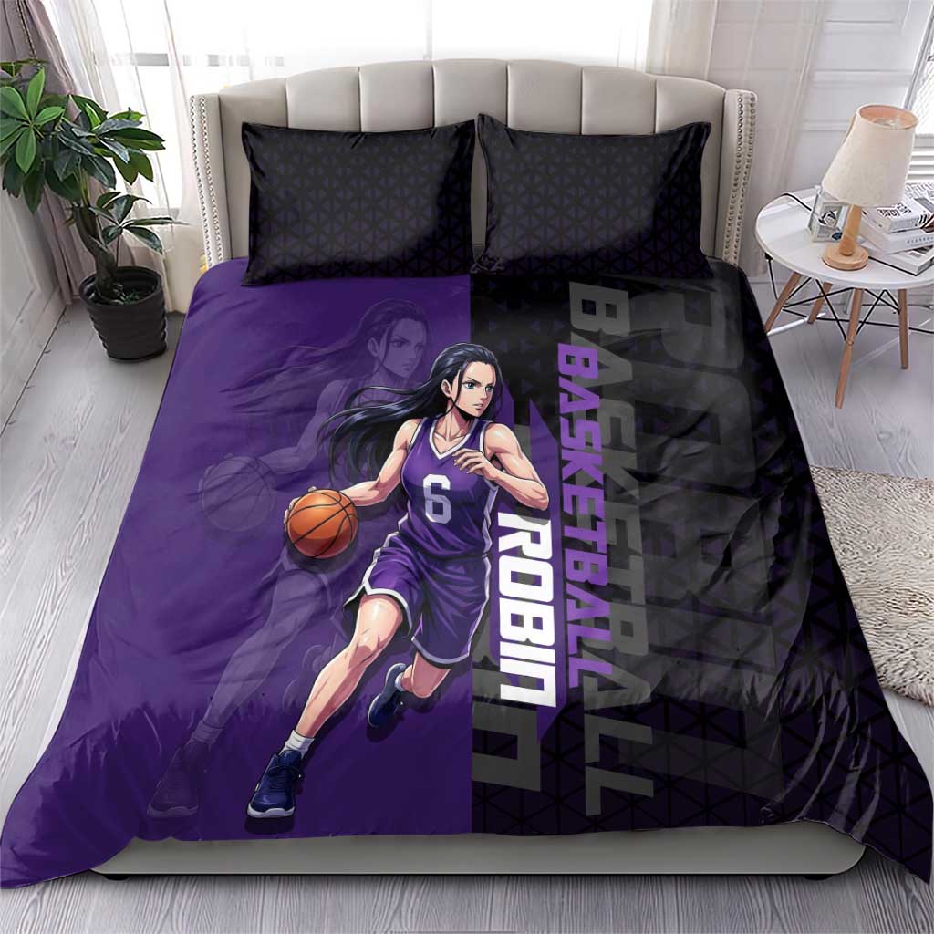 Nico Robin One Piece Basketball Theme Purple and Black Design Bedding Set with Action Pose and Crew Emblem - The Mazicc