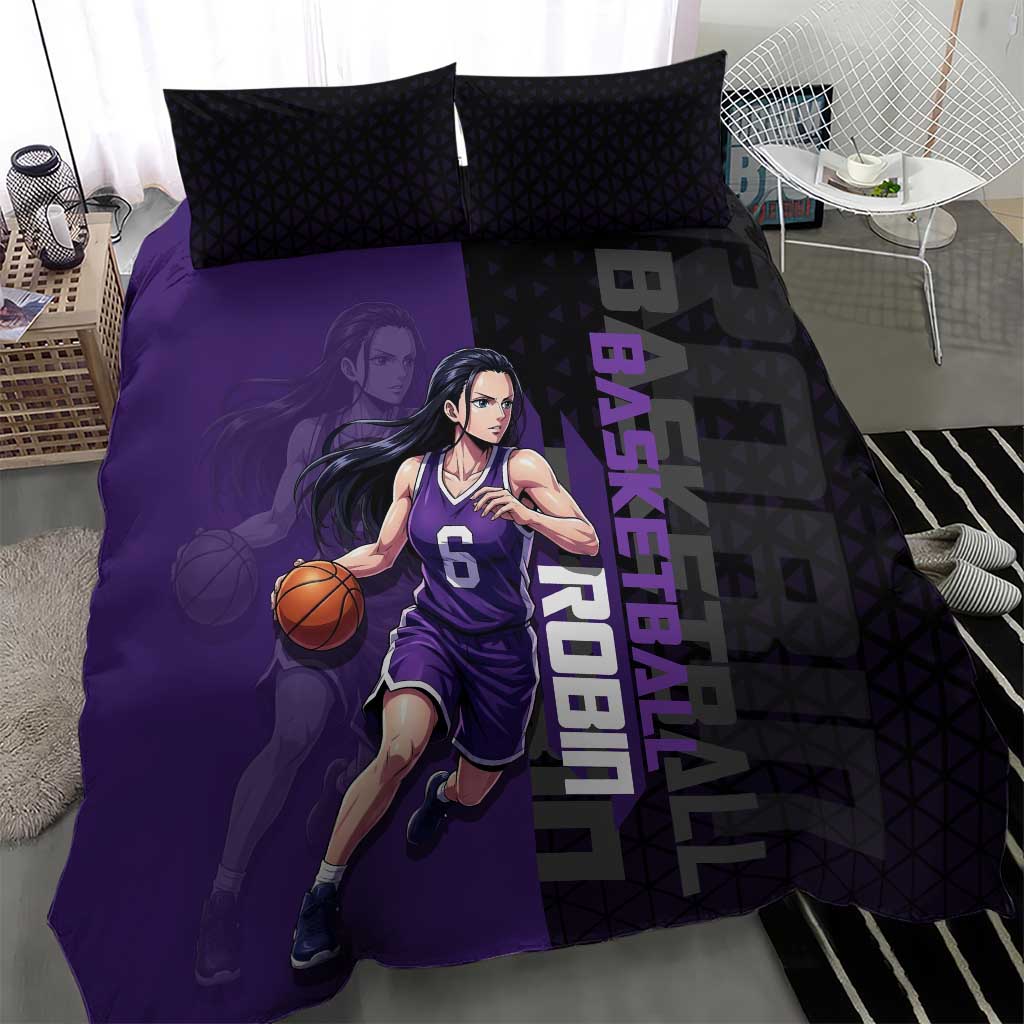 Nico Robin One Piece Basketball Theme Purple and Black Design Bedding Set with Action Pose and Crew Emblem - The Mazicc