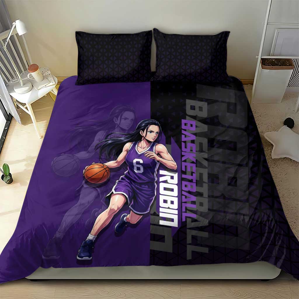 Nico Robin One Piece Basketball Theme Purple and Black Design Bedding Set with Action Pose and Crew Emblem - The Mazicc