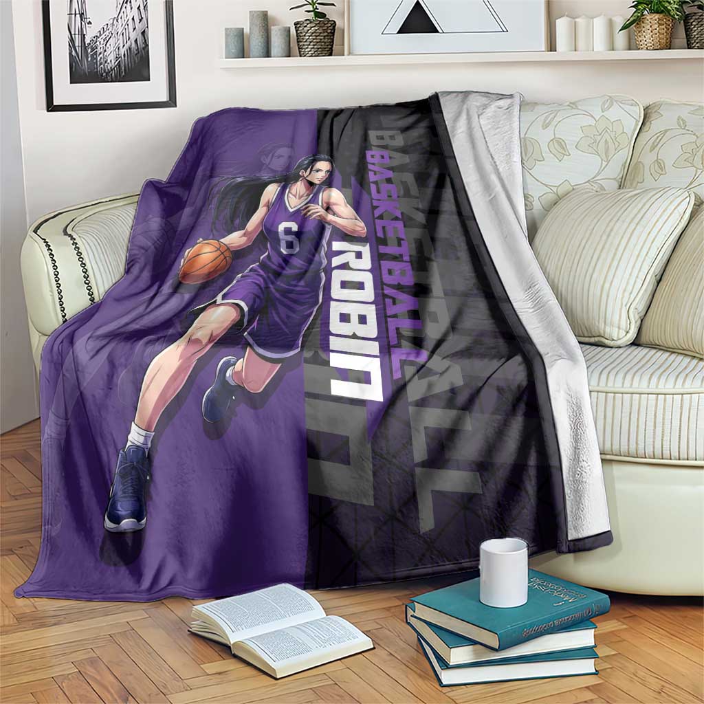 Nico Robin One Piece Basketball Theme Purple and Black Design Blanket with Action Pose and Crew Emblem - The Mazicc