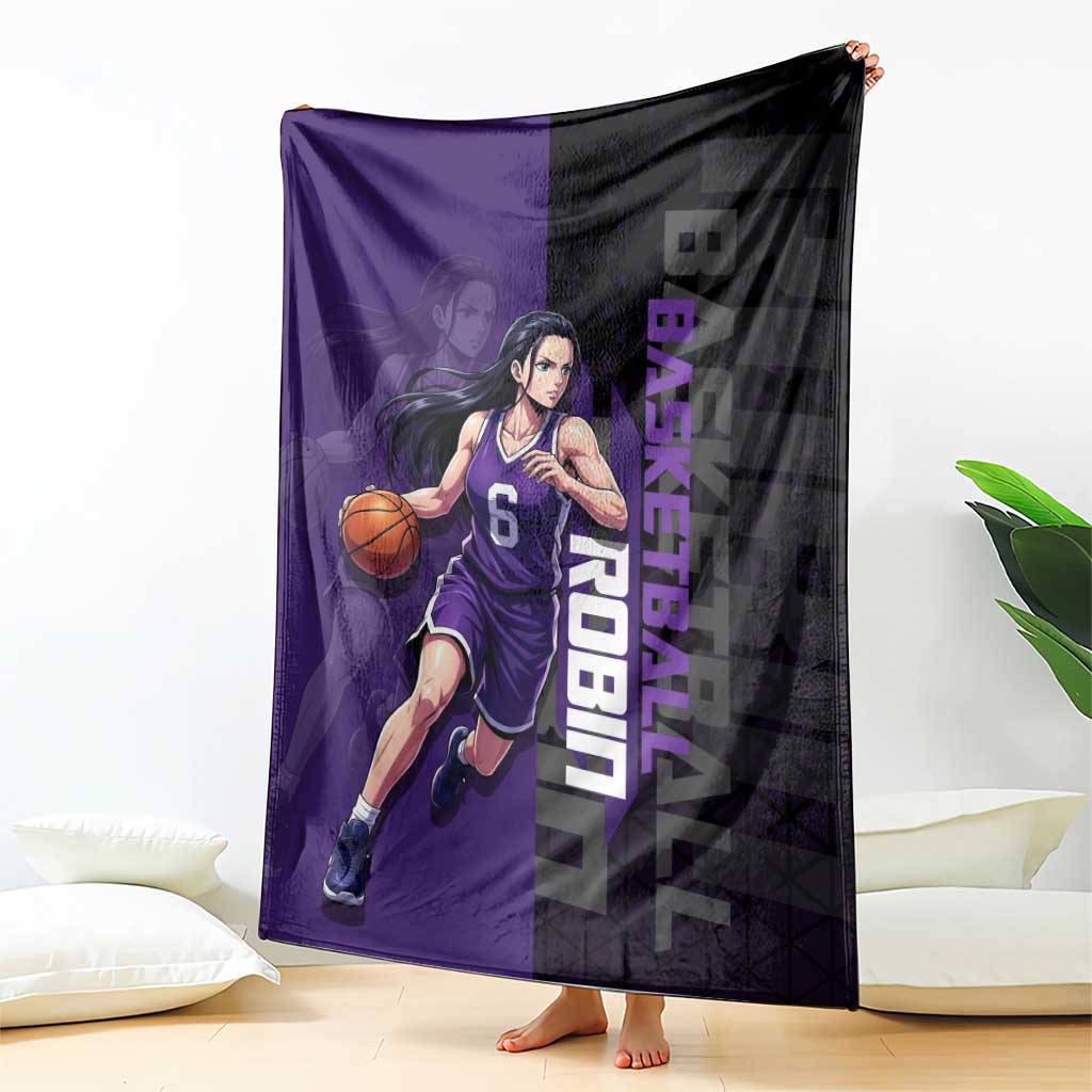 Nico Robin One Piece Basketball Theme Purple and Black Design Blanket with Action Pose and Crew Emblem - The Mazicc