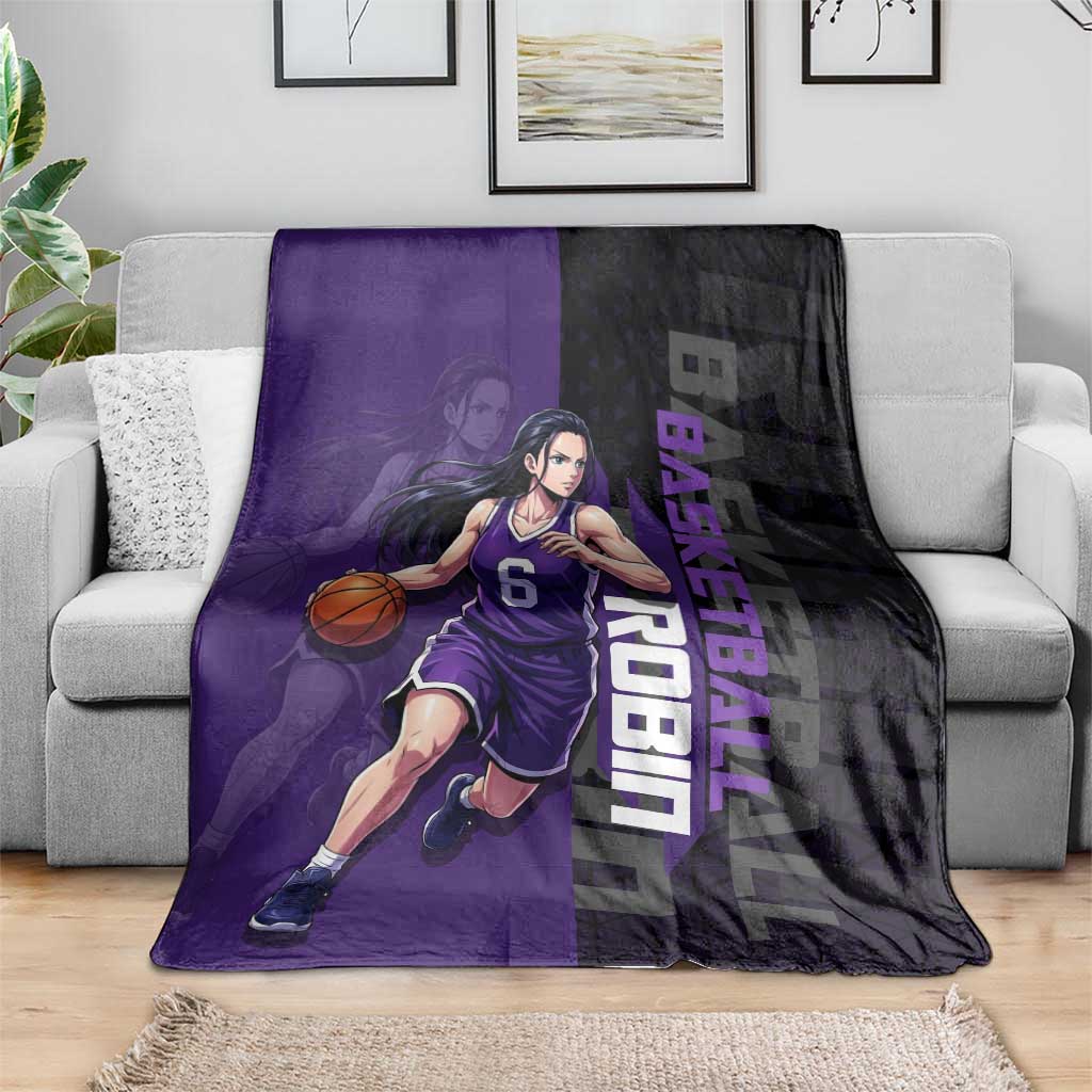 Nico Robin One Piece Basketball Theme Purple and Black Design Blanket with Action Pose and Crew Emblem - The Mazicc
