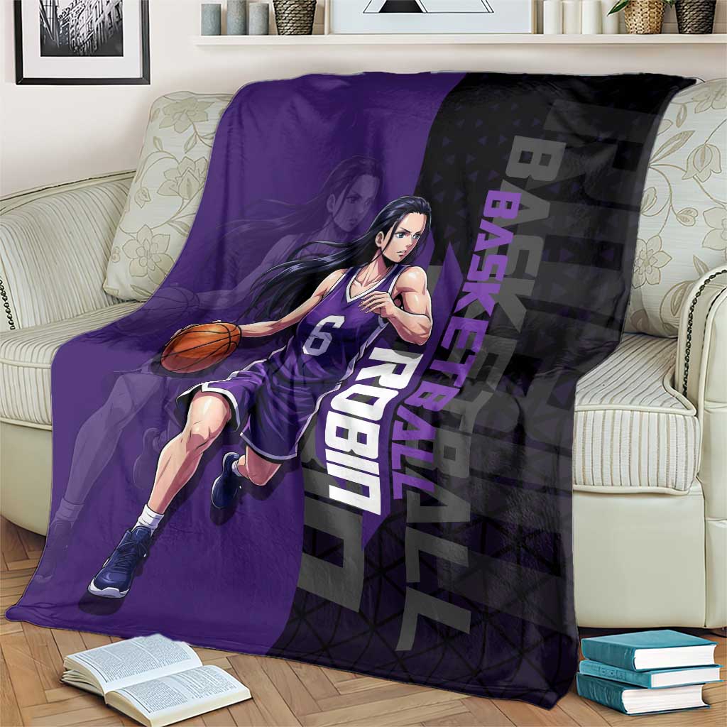 Nico Robin One Piece Basketball Theme Purple and Black Design Blanket with Action Pose and Crew Emblem - The Mazicc