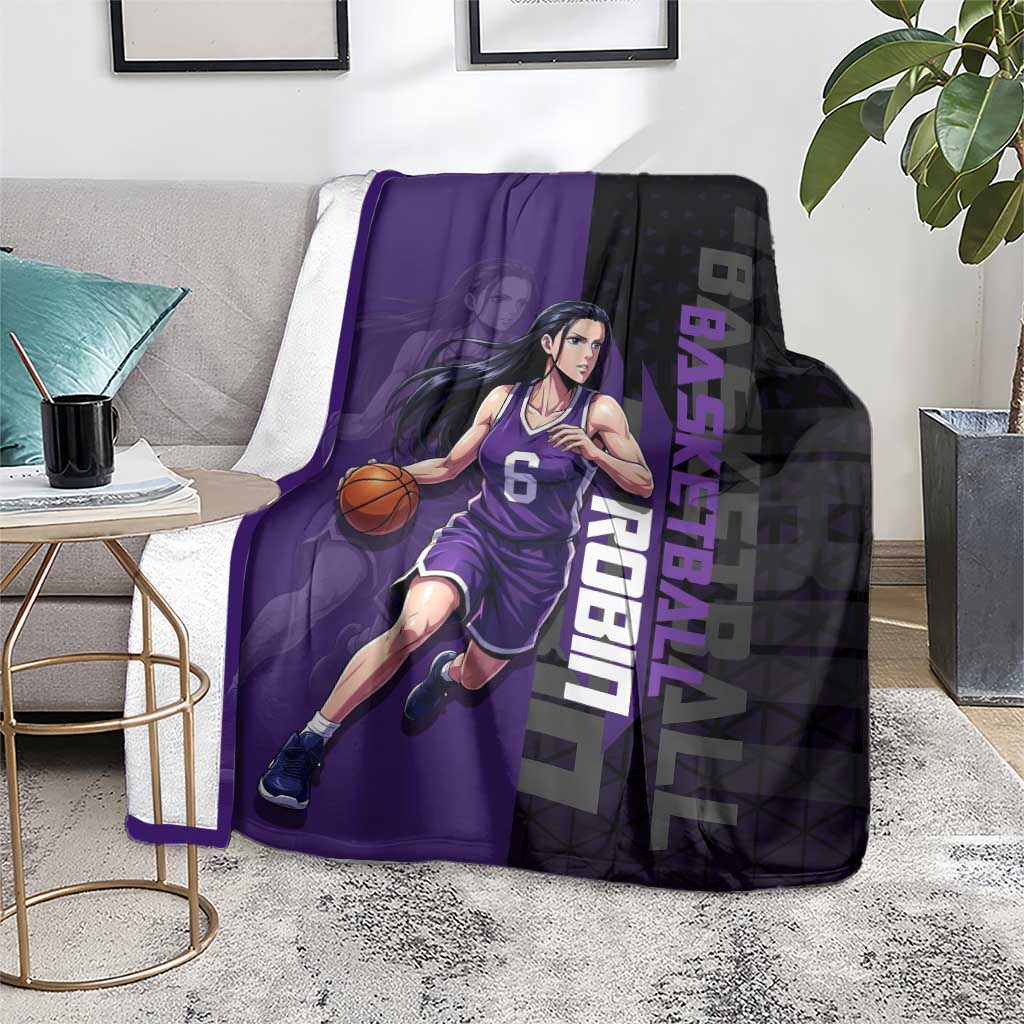 Nico Robin One Piece Basketball Theme Purple and Black Design Blanket with Action Pose and Crew Emblem - The Mazicc