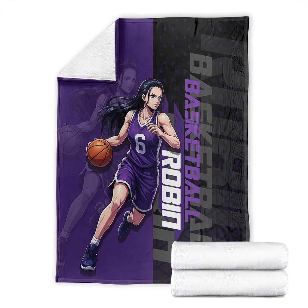 Nico Robin One Piece Basketball Theme Purple and Black Design Blanket with Action Pose and Crew Emblem - The Mazicc