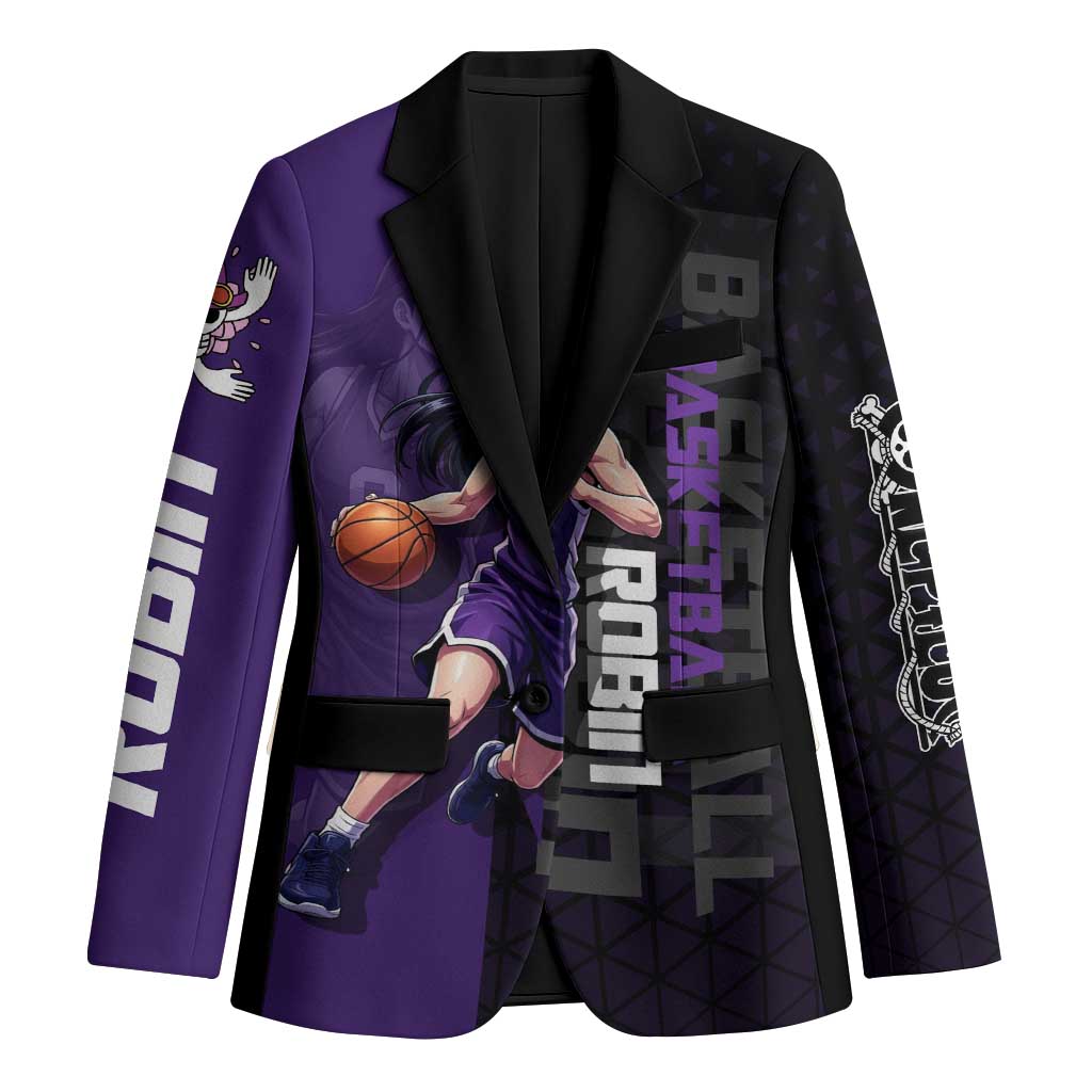 Nico Robin One Piece Basketball Theme Purple and Black Design Blazer with Action Pose and Crew Emblem - The Mazicc