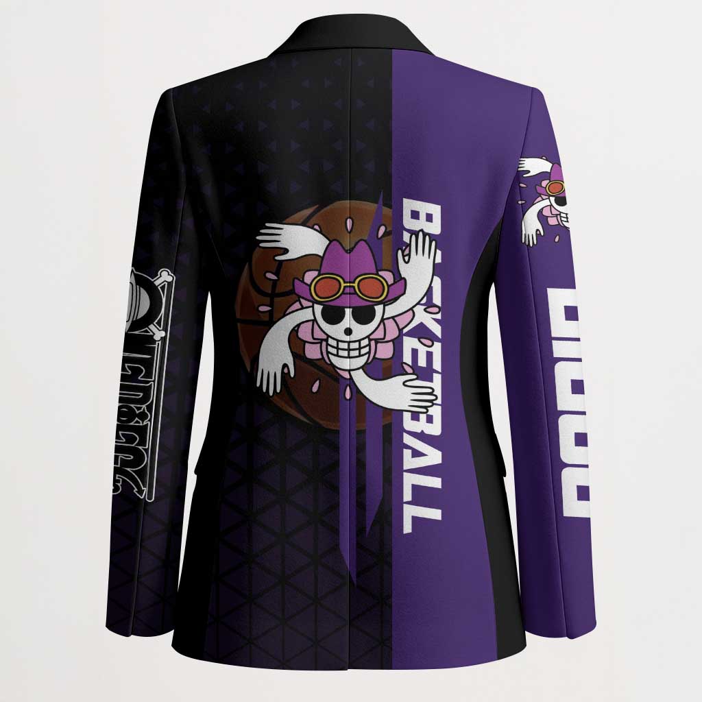Nico Robin One Piece Basketball Theme Purple and Black Design Blazer with Action Pose and Crew Emblem - The Mazicc