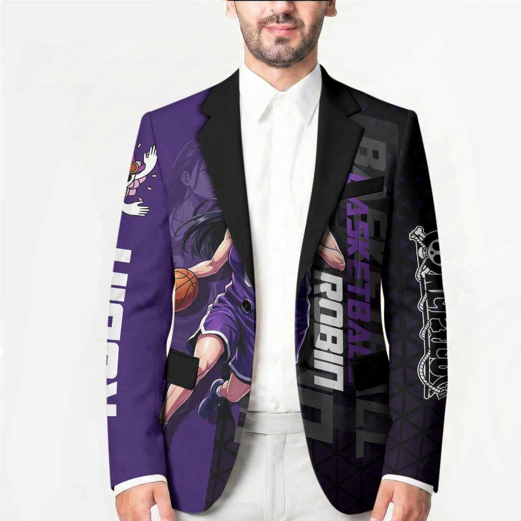 Nico Robin One Piece Basketball Theme Purple and Black Design Blazer with Action Pose and Crew Emblem - The Mazicc