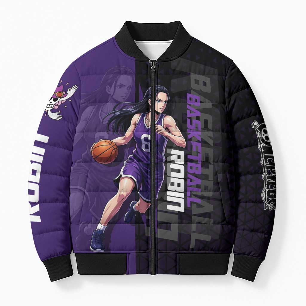 Nico Robin One Piece Basketball Theme Purple and Black Design Bomber Puffer Jacket with Action Pose and Crew Emblem - The Mazicc