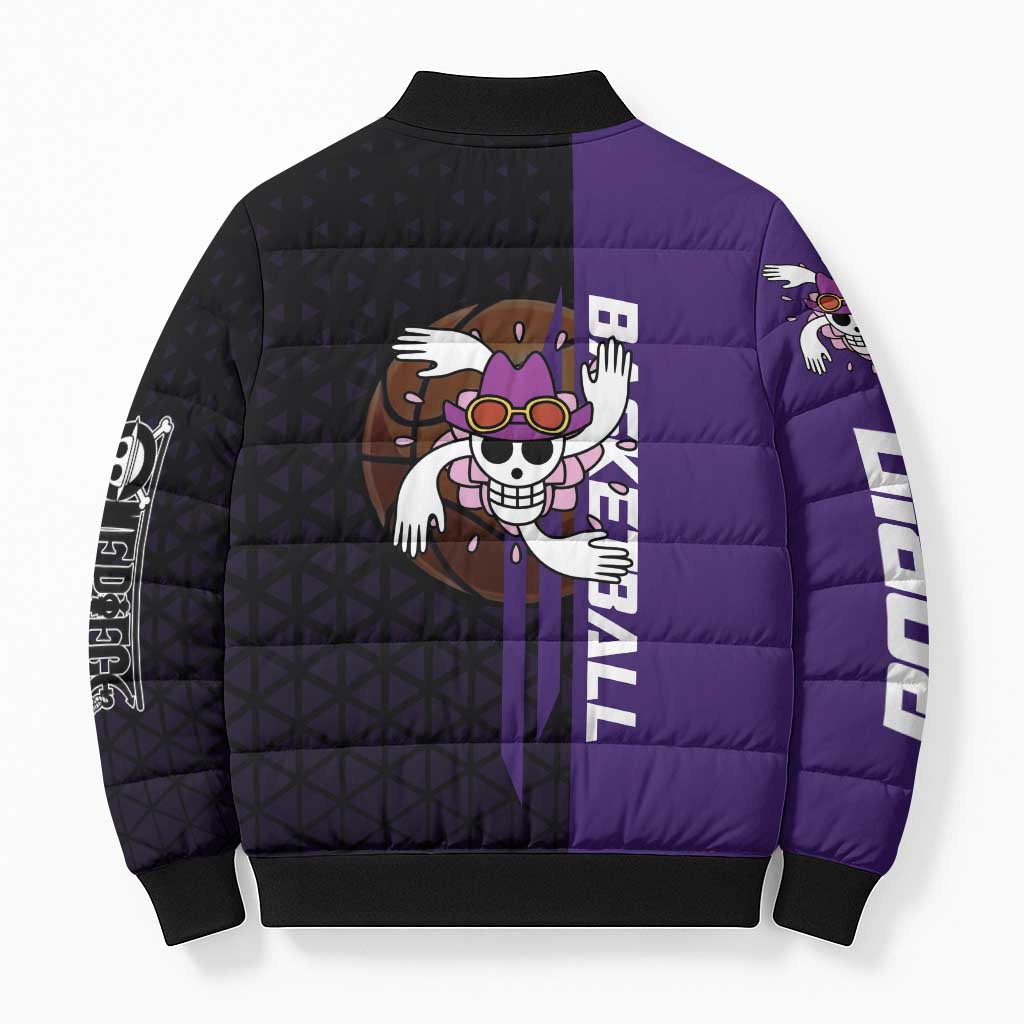Nico Robin One Piece Basketball Theme Purple and Black Design Bomber Puffer Jacket with Action Pose and Crew Emblem - The Mazicc