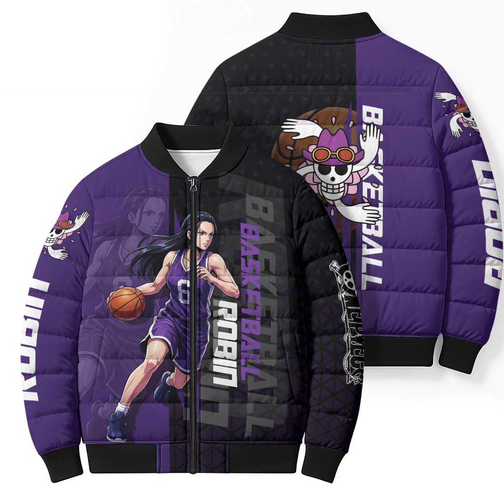 Nico Robin One Piece Basketball Theme Purple and Black Design Bomber Puffer Jacket with Action Pose and Crew Emblem - The Mazicc