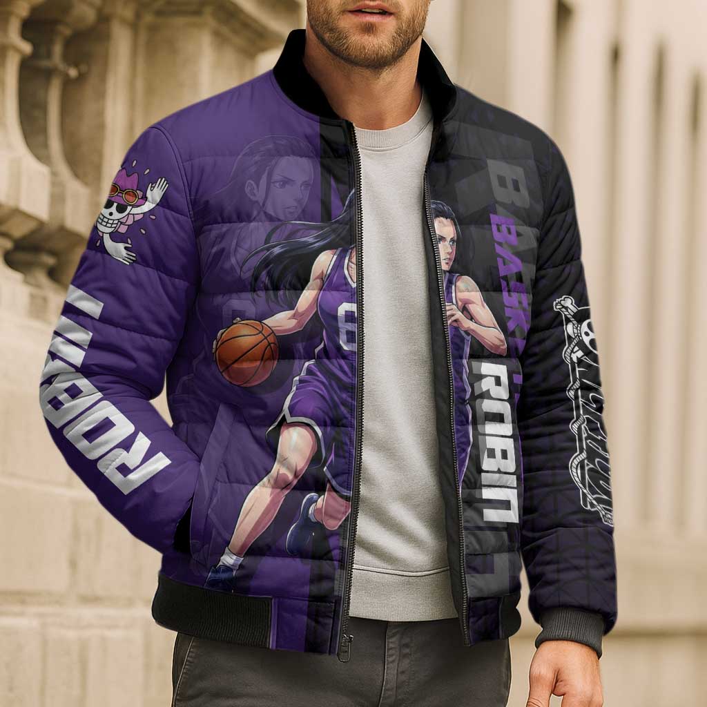 Nico Robin One Piece Basketball Theme Purple and Black Design Bomber Puffer Jacket with Action Pose and Crew Emblem - The Mazicc