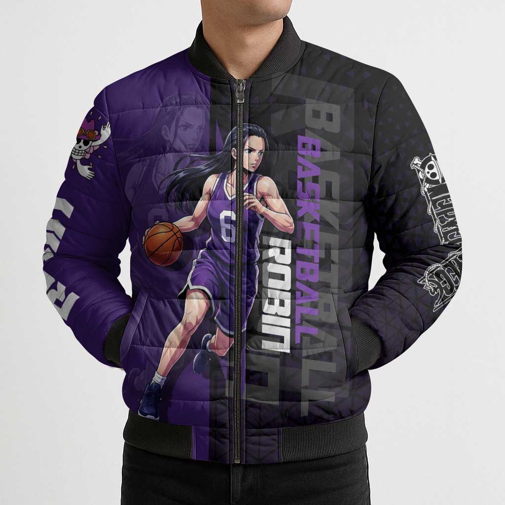 Nico Robin One Piece Basketball Theme Purple and Black Design Bomber Puffer Jacket with Action Pose and Crew Emblem - The Mazicc