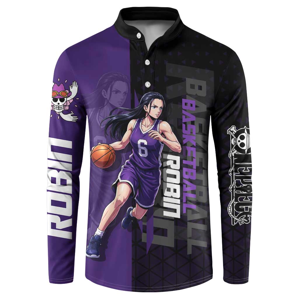 Nico Robin One Piece Basketball Theme Purple and Black Design Button Sweatshirt with Action Pose and Crew Emblem - The Mazicc