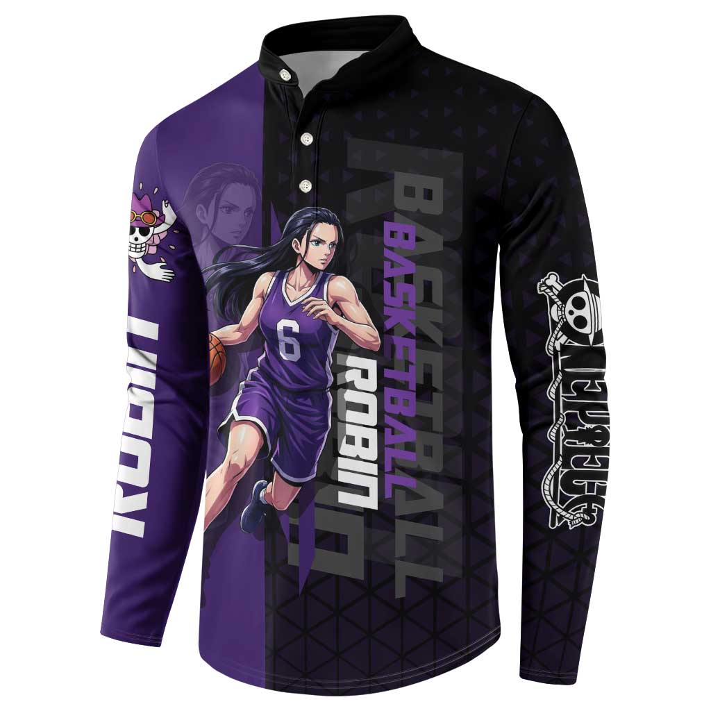 Nico Robin One Piece Basketball Theme Purple and Black Design Button Sweatshirt with Action Pose and Crew Emblem - The Mazicc