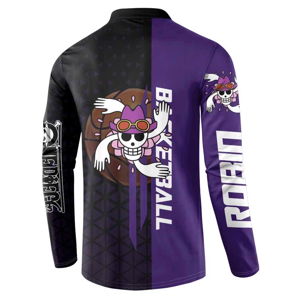 Nico Robin One Piece Basketball Theme Purple and Black Design Button Sweatshirt with Action Pose and Crew Emblem - The Mazicc