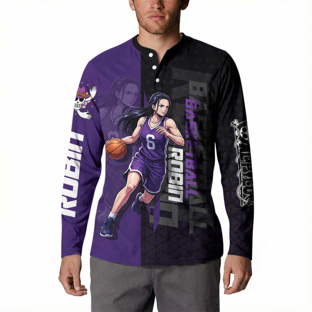 Nico Robin One Piece Basketball Theme Purple and Black Design Button Sweatshirt with Action Pose and Crew Emblem - The Mazicc