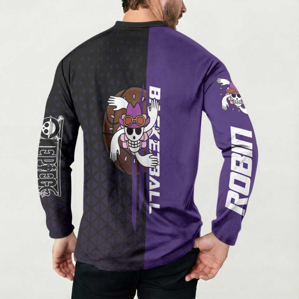Nico Robin One Piece Basketball Theme Purple and Black Design Button Sweatshirt with Action Pose and Crew Emblem - The Mazicc