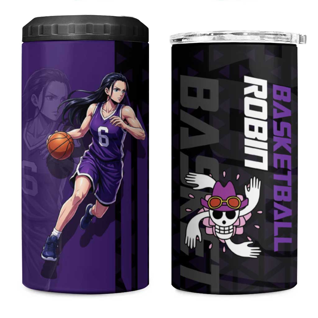 Nico Robin One Piece Basketball Theme Purple and Black Design 4 in 1 Can Cooler Tumbler with Action Pose and Crew Emblem - The Mazicc