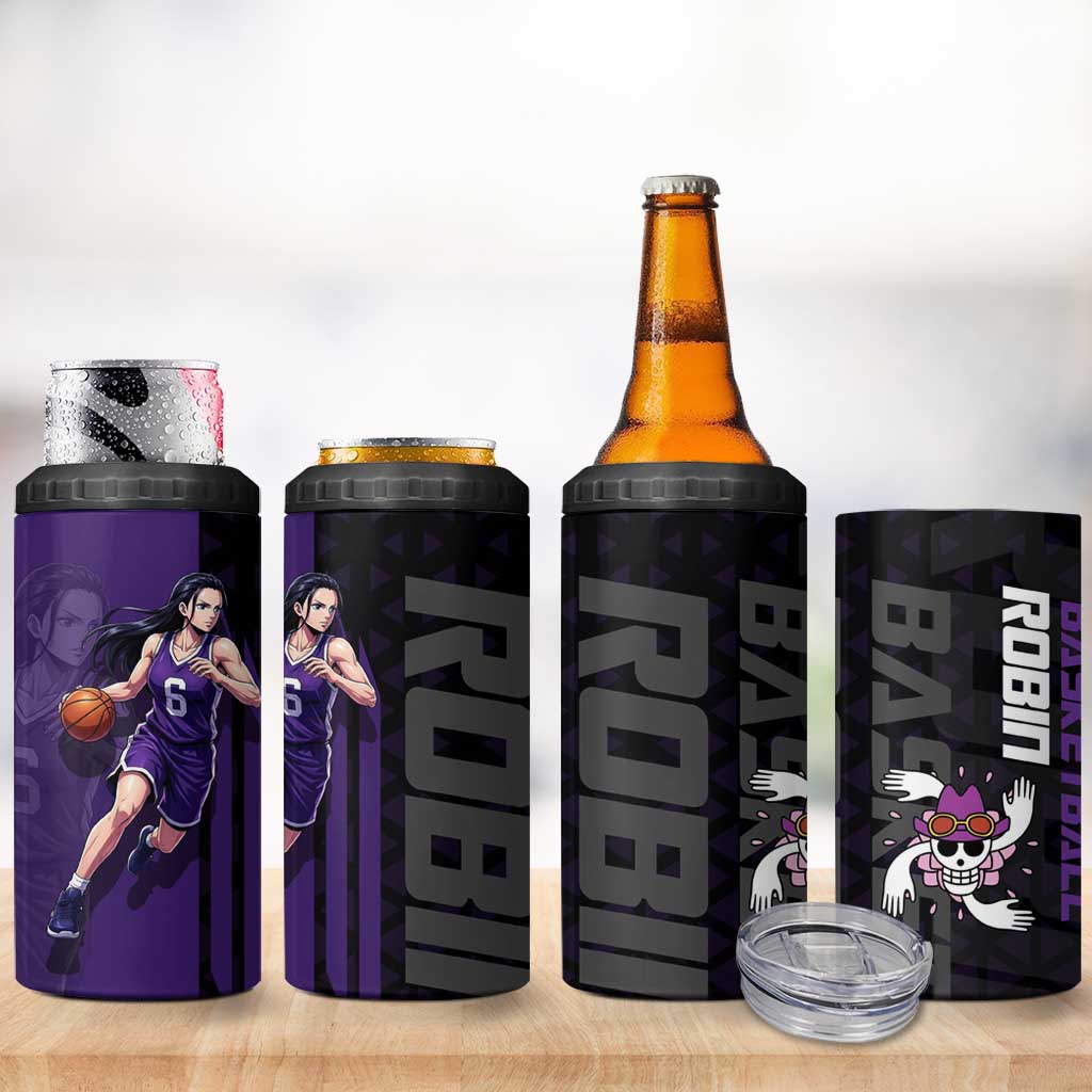 Nico Robin One Piece Basketball Theme Purple and Black Design 4 in 1 Can Cooler Tumbler with Action Pose and Crew Emblem - The Mazicc