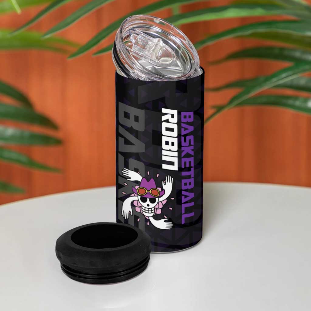 Nico Robin One Piece Basketball Theme Purple and Black Design 4 in 1 Can Cooler Tumbler with Action Pose and Crew Emblem - The Mazicc