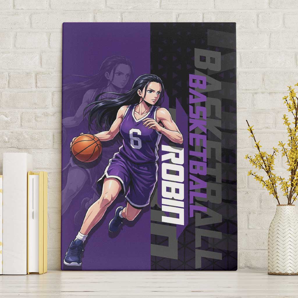 Nico Robin One Piece Basketball Theme Purple and Black Design Canvas Wall Art with Action Pose and Crew Emblem - The Mazicc