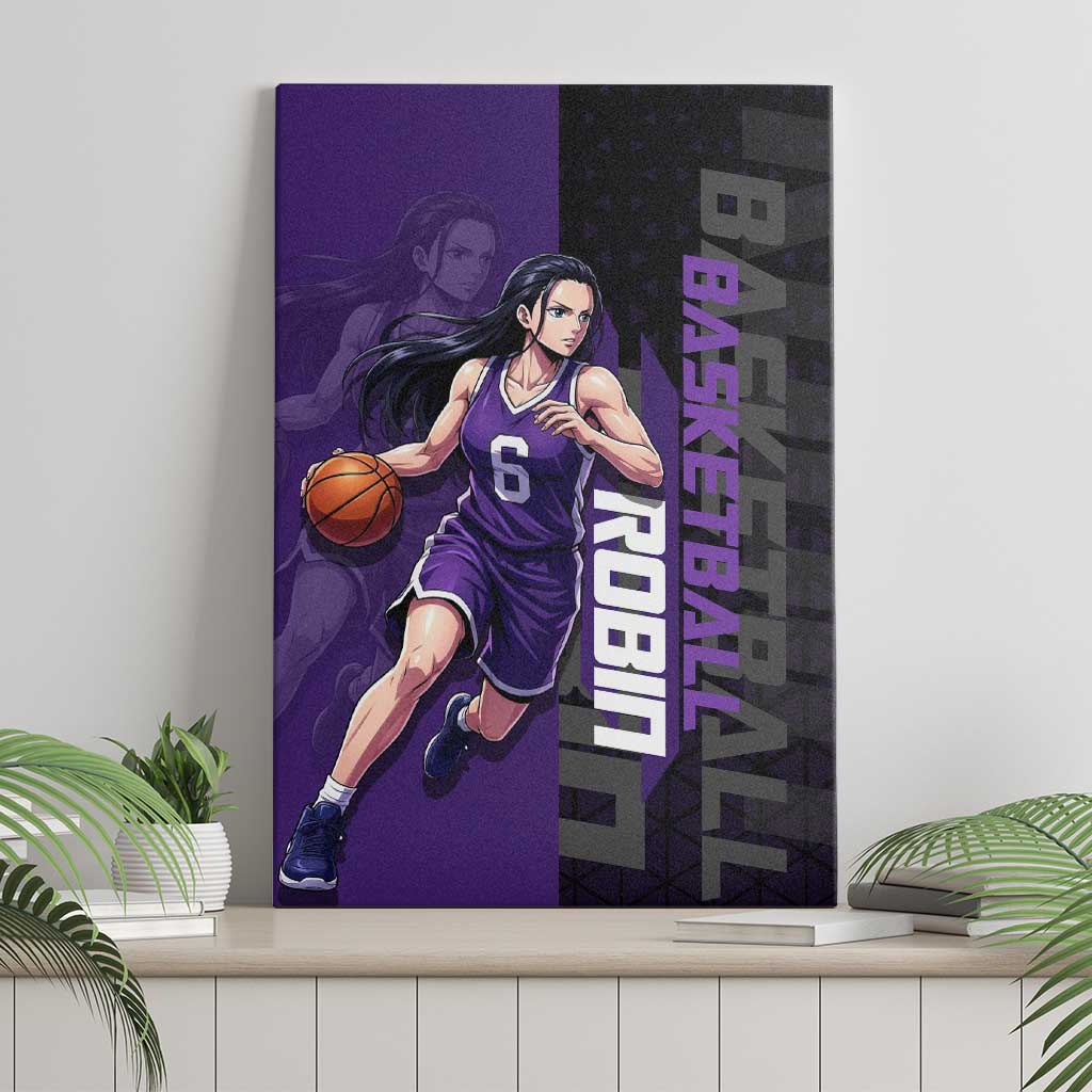Nico Robin One Piece Basketball Theme Purple and Black Design Canvas Wall Art with Action Pose and Crew Emblem - The Mazicc