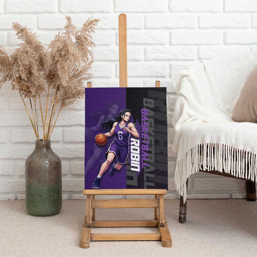 Nico Robin One Piece Basketball Theme Purple and Black Design Canvas Wall Art with Action Pose and Crew Emblem - The Mazicc