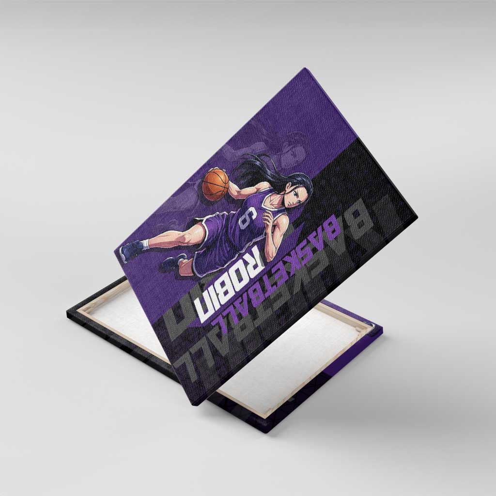 Nico Robin One Piece Basketball Theme Purple and Black Design Canvas Wall Art with Action Pose and Crew Emblem - The Mazicc