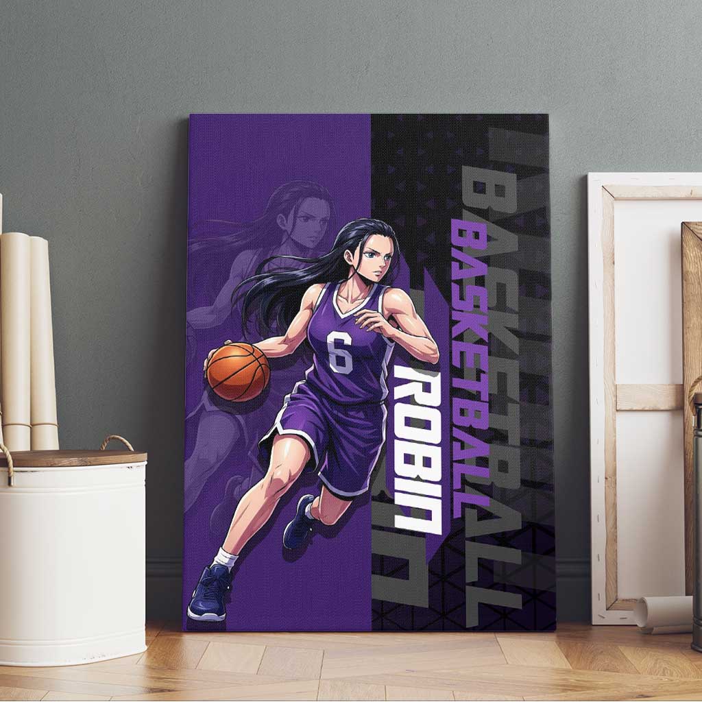 Nico Robin One Piece Basketball Theme Purple and Black Design Canvas Wall Art with Action Pose and Crew Emblem - The Mazicc