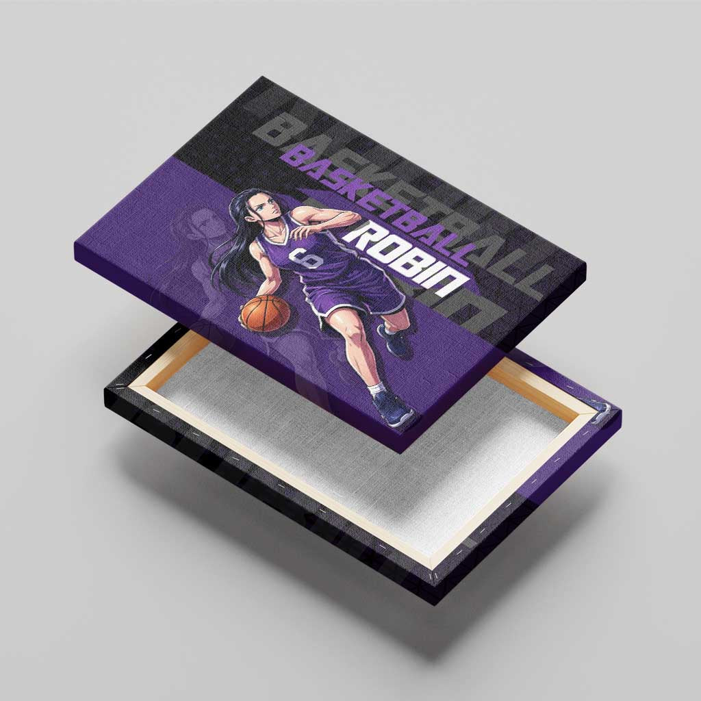 Nico Robin One Piece Basketball Theme Purple and Black Design Canvas Wall Art with Action Pose and Crew Emblem - The Mazicc