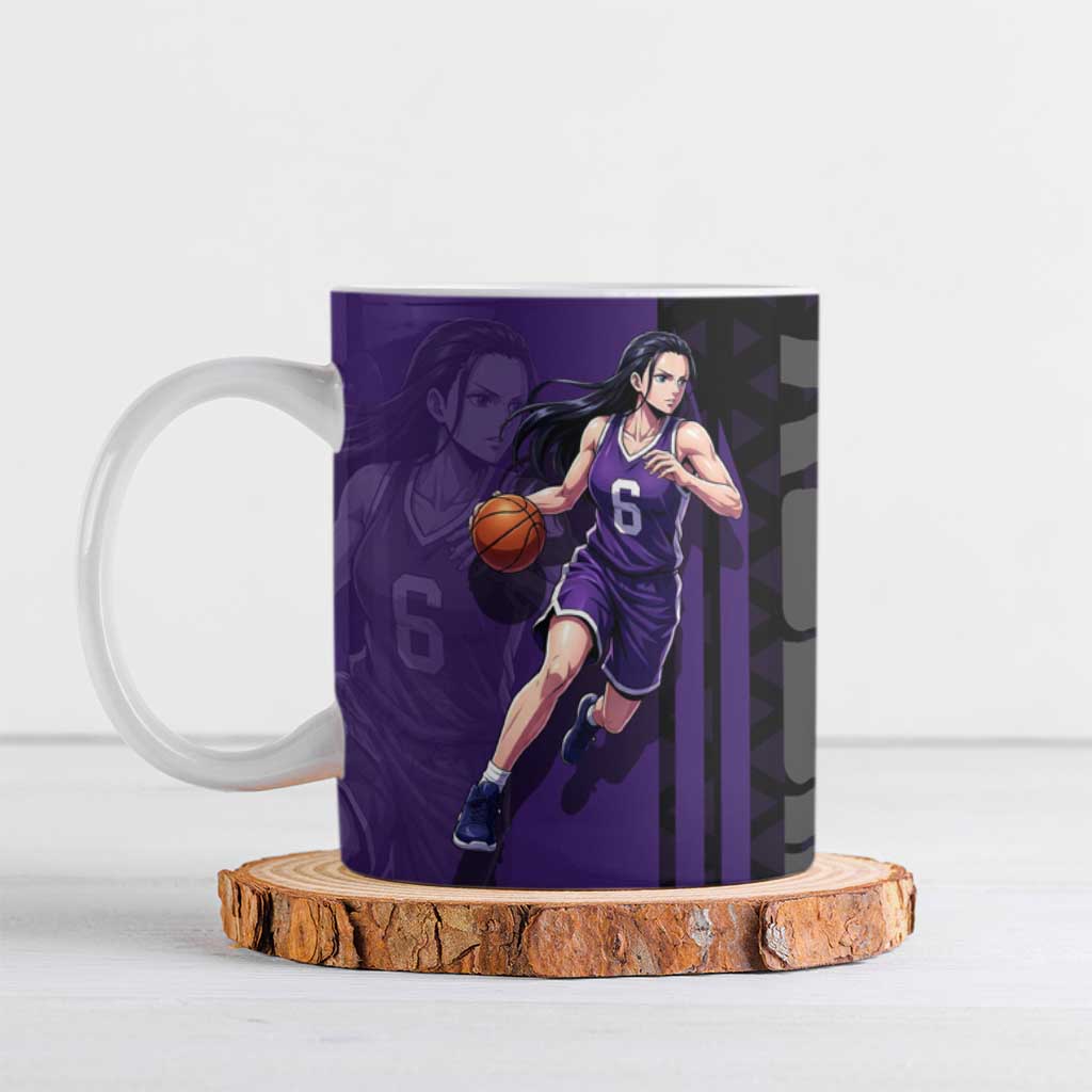 Nico Robin One Piece Basketball Theme Purple and Black Design Ceramic Mug with Action Pose and Crew Emblem - The Mazicc