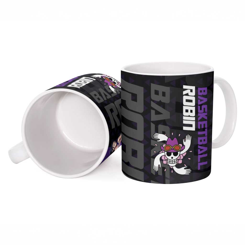 Nico Robin One Piece Basketball Theme Purple and Black Design Ceramic Mug with Action Pose and Crew Emblem - The Mazicc