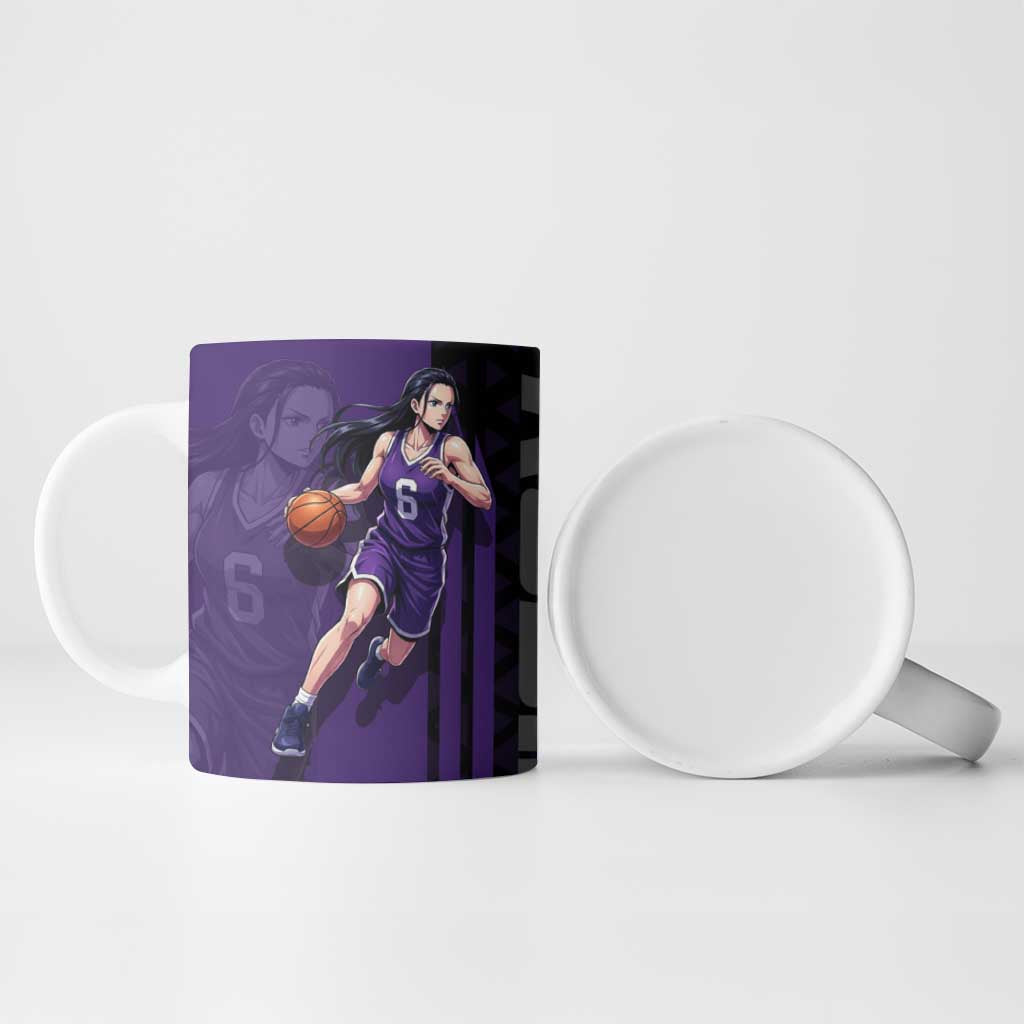 Nico Robin One Piece Basketball Theme Purple and Black Design Ceramic Mug with Action Pose and Crew Emblem - The Mazicc