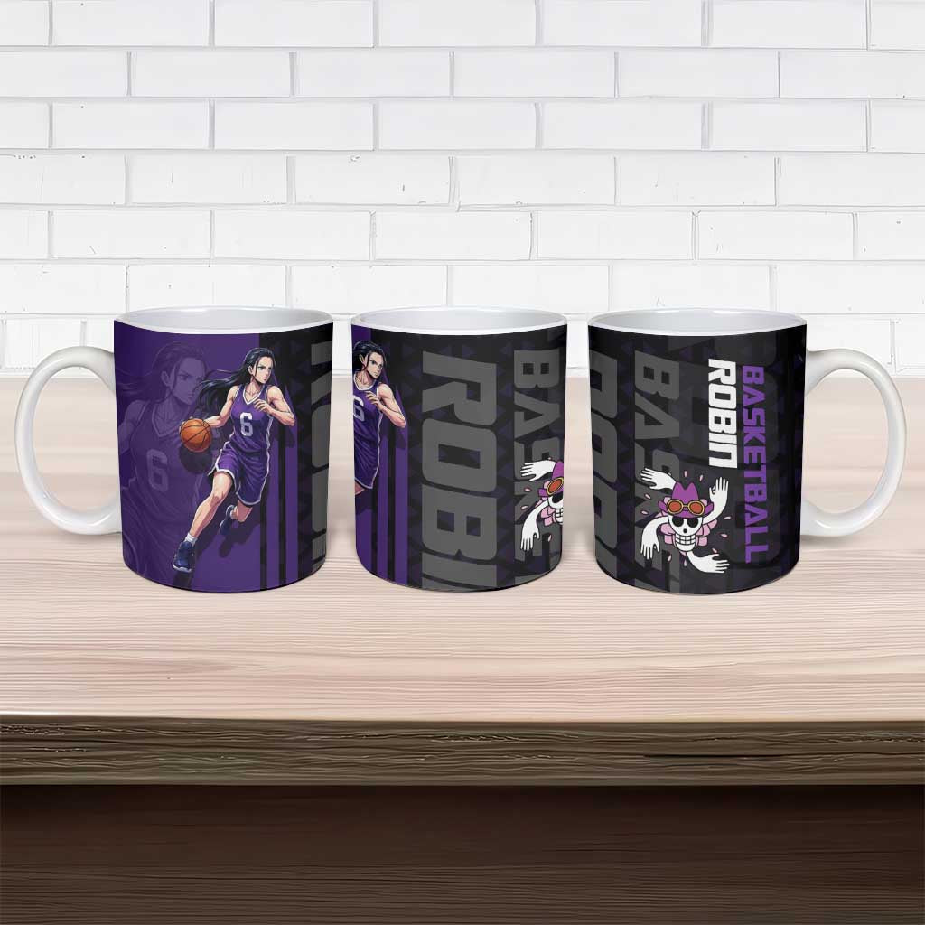 Nico Robin One Piece Basketball Theme Purple and Black Design Ceramic Mug with Action Pose and Crew Emblem - The Mazicc