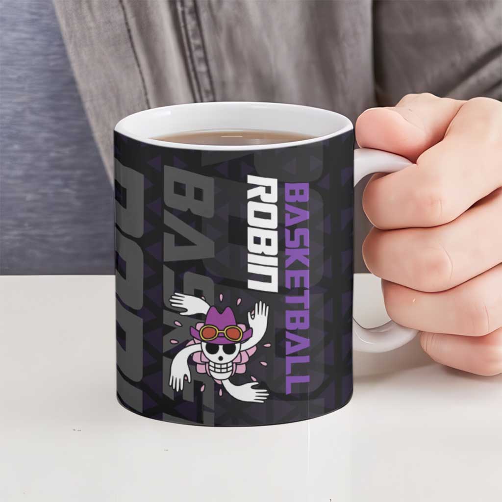 Nico Robin One Piece Basketball Theme Purple and Black Design Ceramic Mug with Action Pose and Crew Emblem - The Mazicc