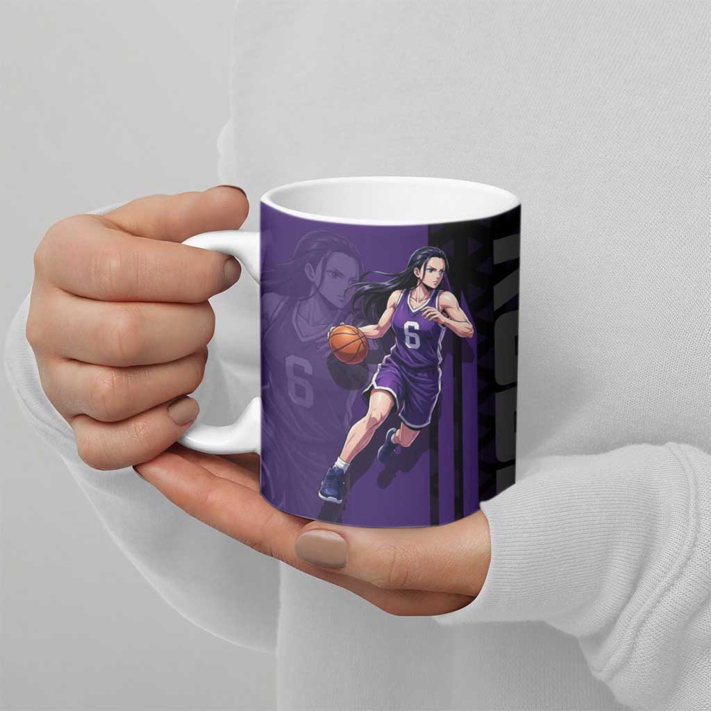 Nico Robin One Piece Basketball Theme Purple and Black Design Ceramic Mug with Action Pose and Crew Emblem - The Mazicc