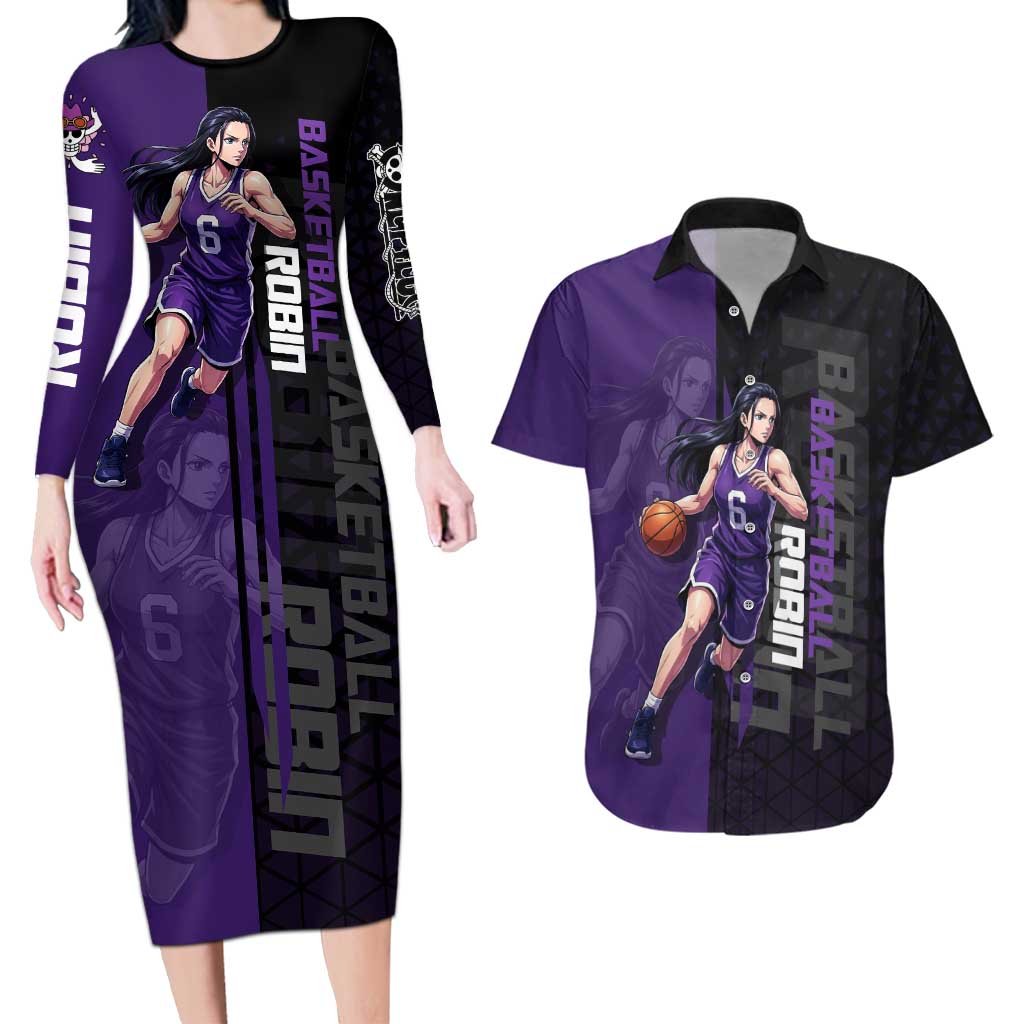 Nico Robin One Piece Basketball Theme Purple and Black Design Couples Matching Long Sleeve Bodycon Dress and Hawaiian Shirt with Action Pose and Crew Emblem - The Mazicc