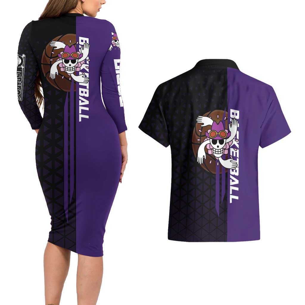 Nico Robin One Piece Basketball Theme Purple and Black Design Couples Matching Long Sleeve Bodycon Dress and Hawaiian Shirt with Action Pose and Crew Emblem - The Mazicc