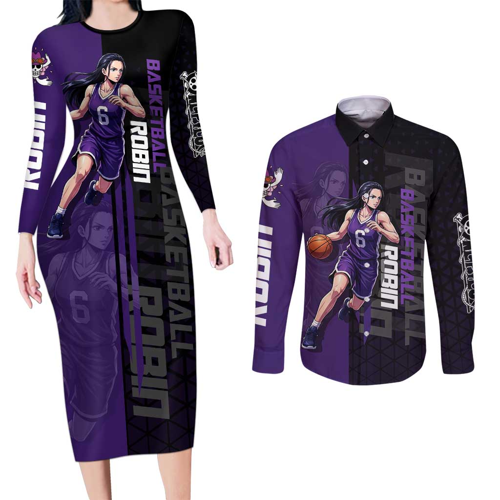 Nico Robin One Piece Basketball Theme Purple and Black Design Couples Matching Long Sleeve Bodycon Dress and Long Sleeve Button Shirt with Action Pose and Crew Emblem - The Mazicc