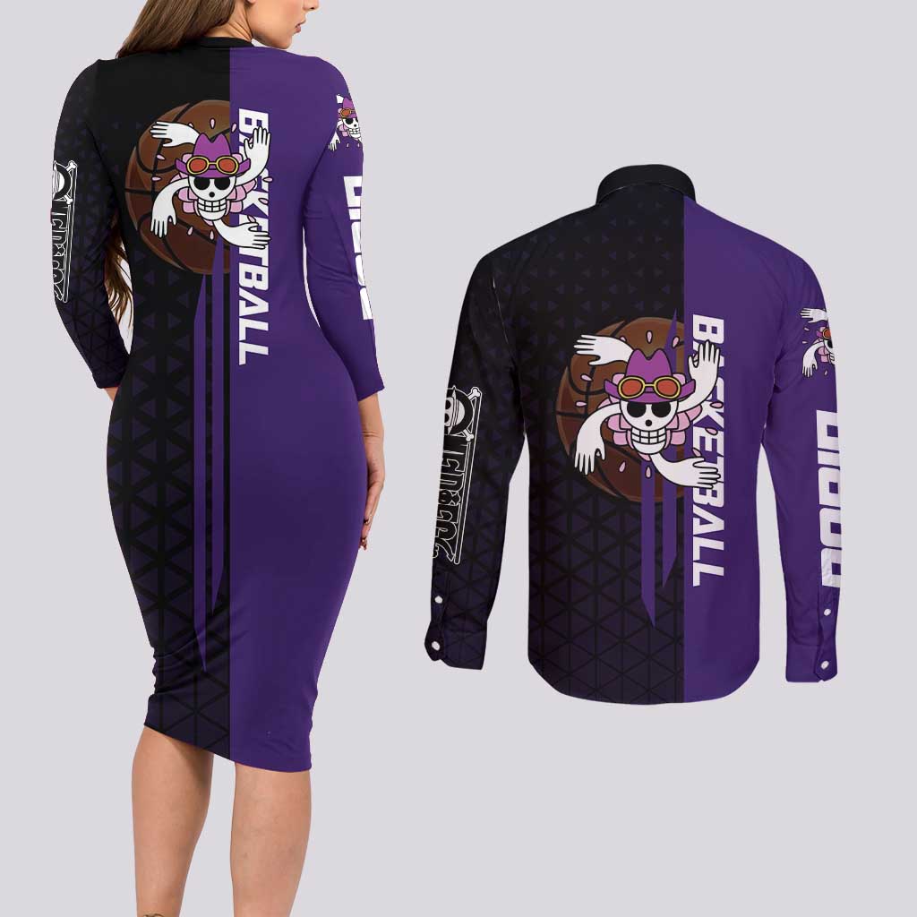 Nico Robin One Piece Basketball Theme Purple and Black Design Couples Matching Long Sleeve Bodycon Dress and Long Sleeve Button Shirt with Action Pose and Crew Emblem - The Mazicc