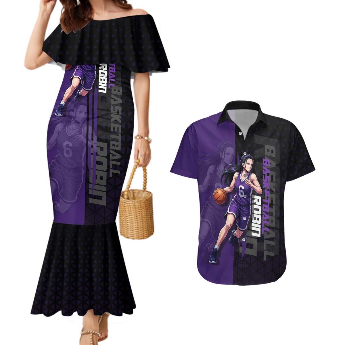 Nico Robin One Piece Basketball Theme Purple and Black Design Couples Matching Mermaid Dress and Hawaiian Shirt with Action Pose and Crew Emblem - The Mazicc