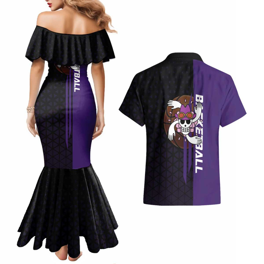 Nico Robin One Piece Basketball Theme Purple and Black Design Couples Matching Mermaid Dress and Hawaiian Shirt with Action Pose and Crew Emblem - The Mazicc