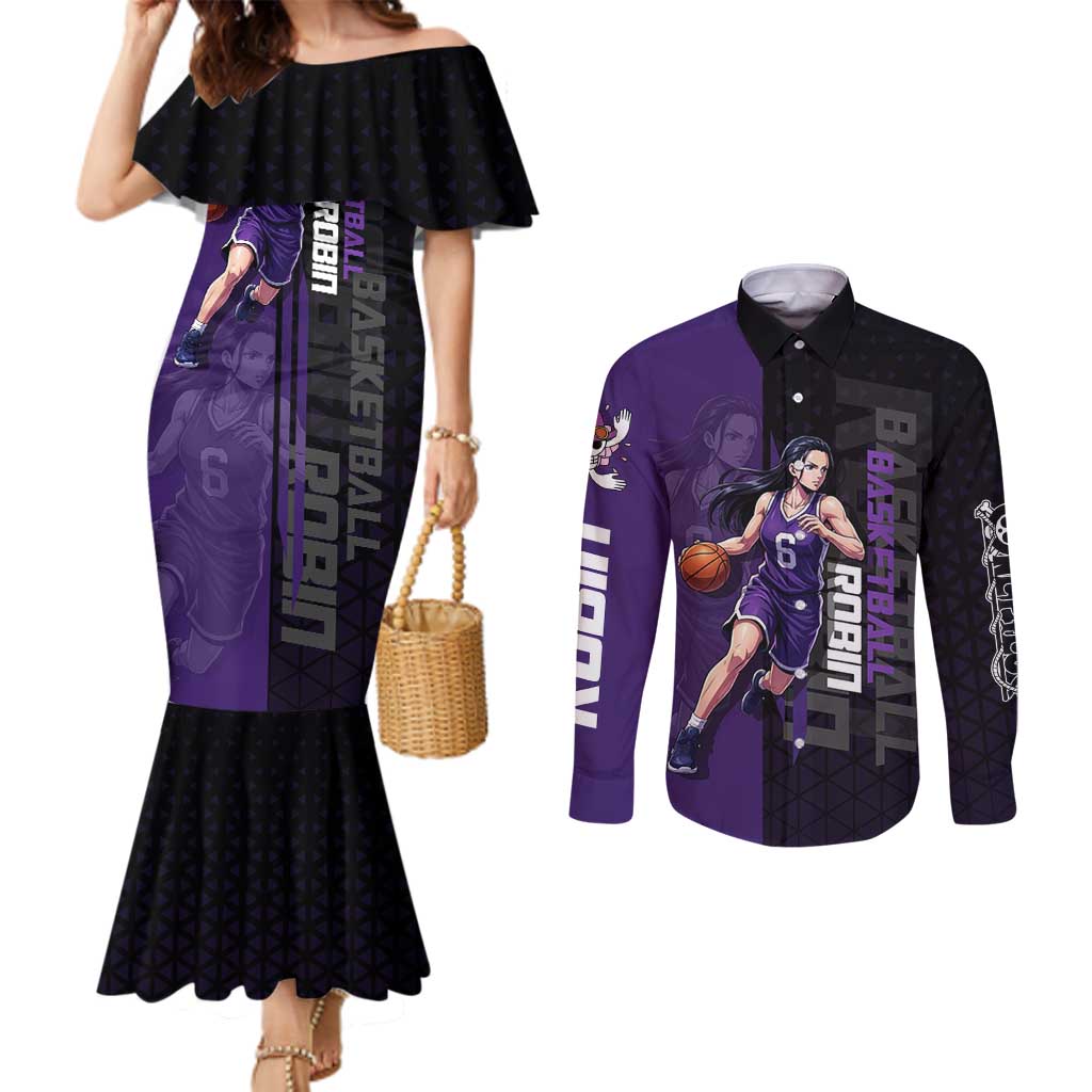 Nico Robin One Piece Basketball Theme Purple and Black Design Couples Matching Mermaid Dress and Long Sleeve Button Shirt with Action Pose and Crew Emblem - The Mazicc