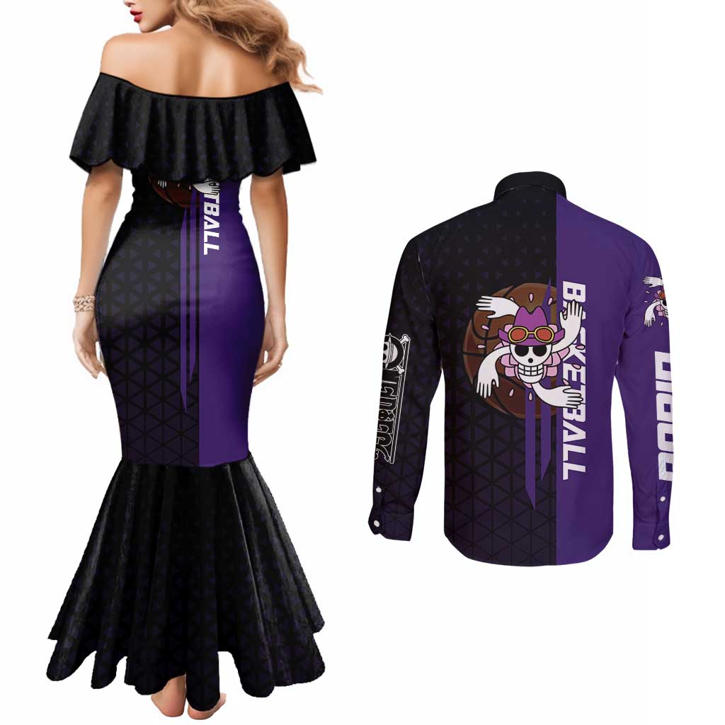 Nico Robin One Piece Basketball Theme Purple and Black Design Couples Matching Mermaid Dress and Long Sleeve Button Shirt with Action Pose and Crew Emblem - The Mazicc